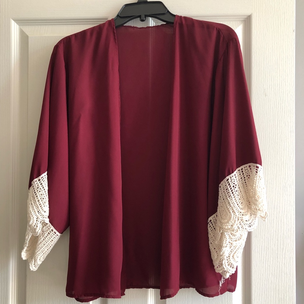 Sheer maroon cardigan w/ lace sleeves